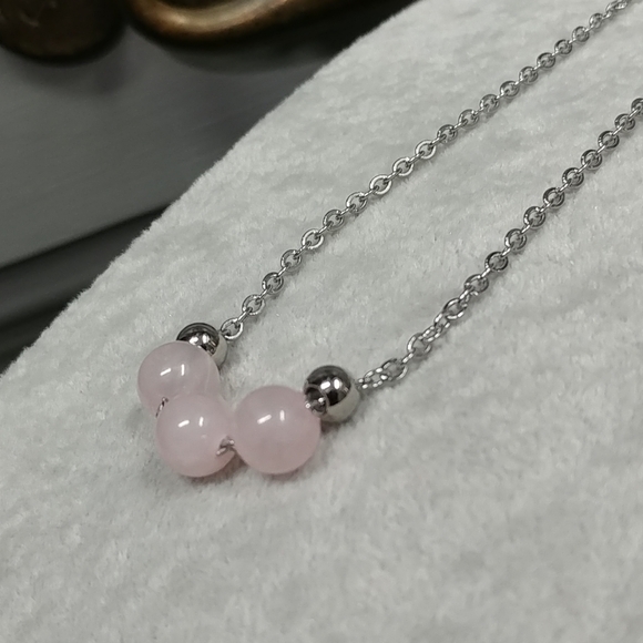 Rose Quartz Three Bead Necklace Natural Gemstone Crystal Stainless-Steel Chain - Picture 9 of 12